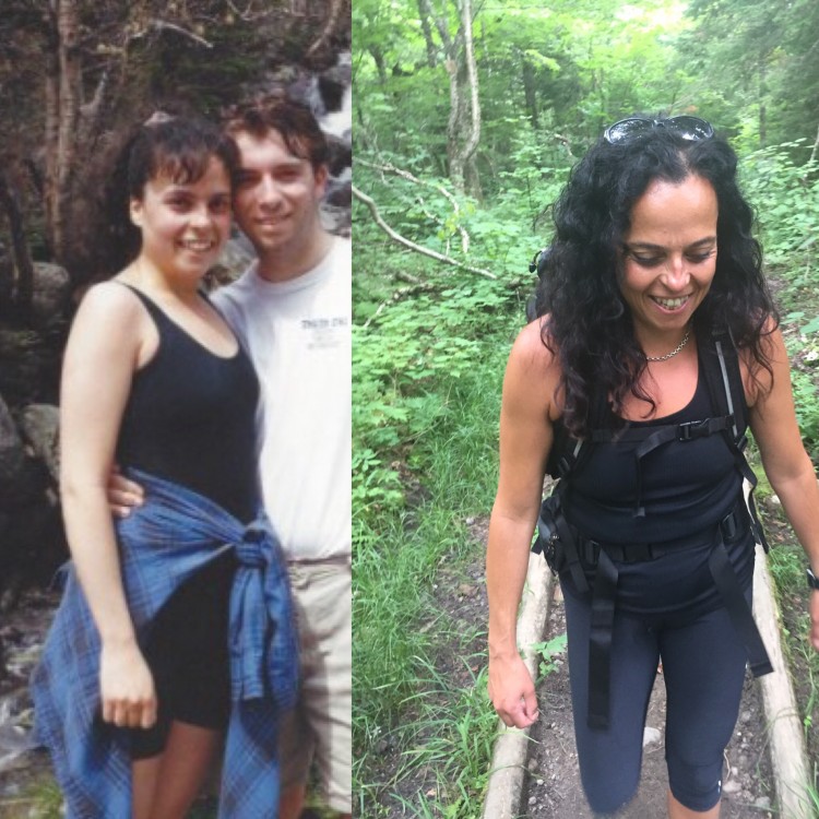 young woman and man on hike and same woman on a hike years later