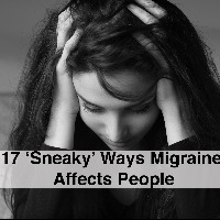 woman with head in hands, she is having an headache with text 17 sneaky ways migraine affects people