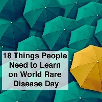 blue umbrellas and one yellow umbrella with text 18 things people need to learn on world rare disease day