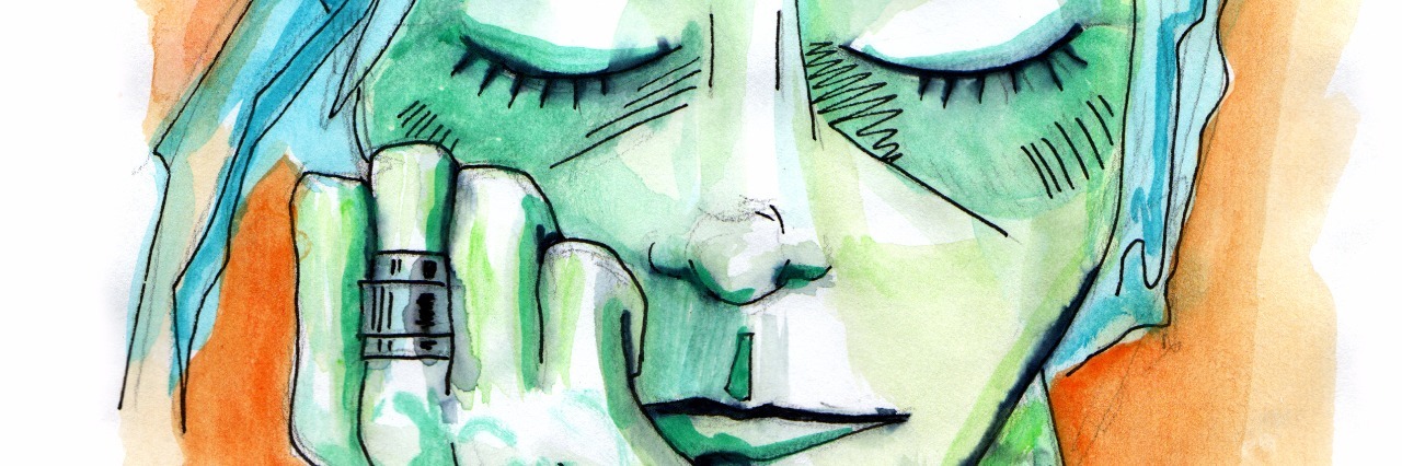 Why It Can Be Hard to Think of Your Life Before You Got Sick Female portrait with her eyes closed and chin on her hand. Watercolor painting
