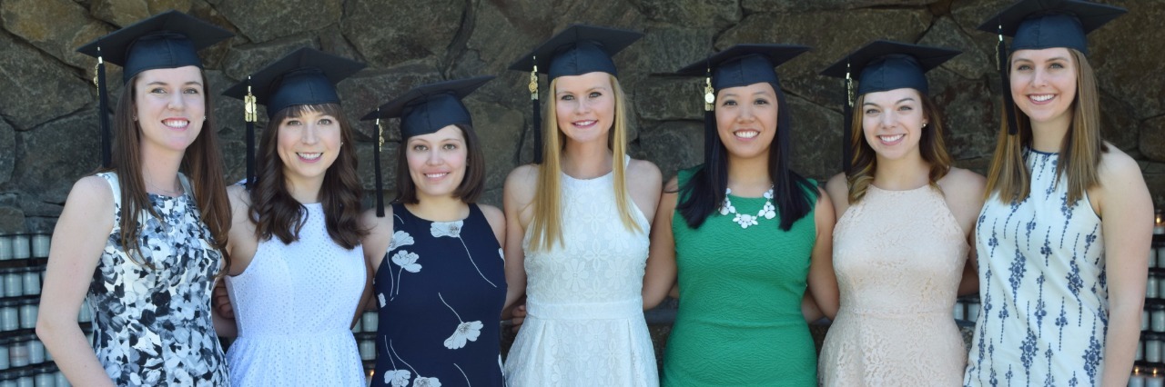 How to Succeed in College With Crohn's Disease, Gastroparesis seven young women in dresses smile and wear graduation hats
