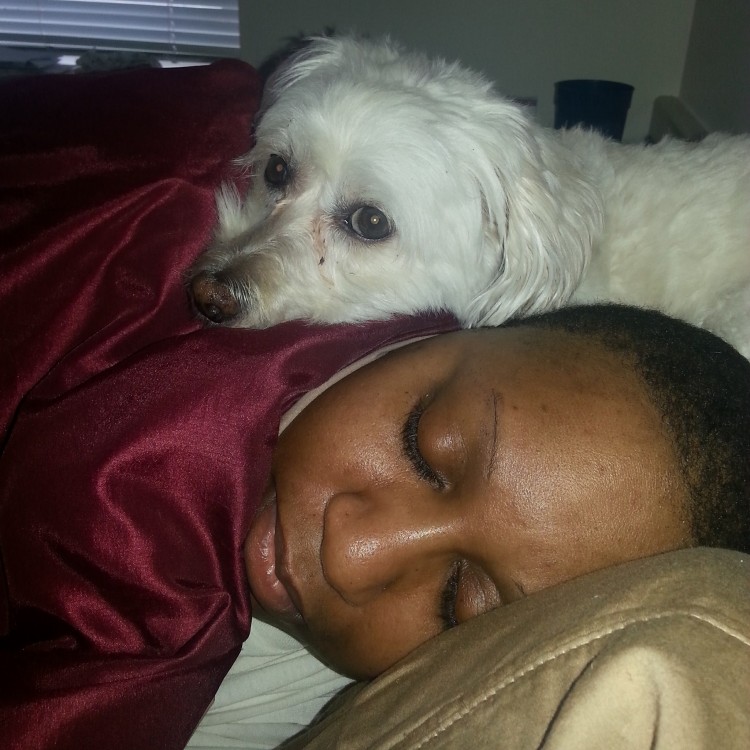 woman lying in bed with white dog
