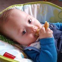 Baby with Down syndrome sitting in a bouncy chair wearing a blue jumper and gumming a piece of bread