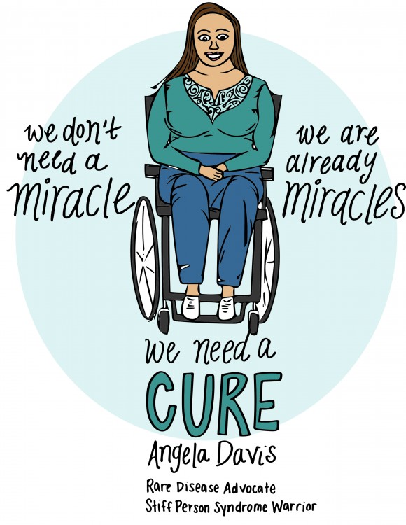 drawing of woman in wheelchair with quote we dont need a miracle we are already miracles, we need a cure