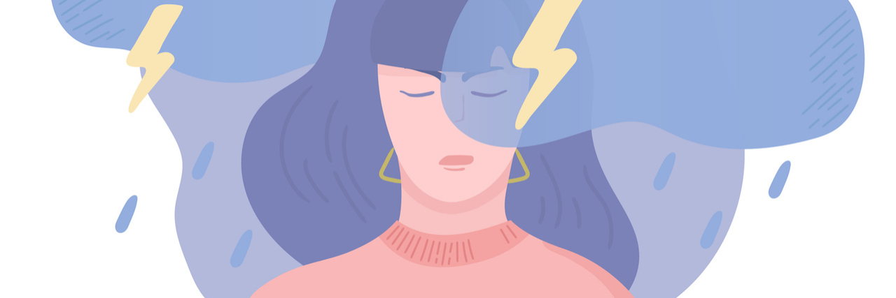 What It's Like to Be a Teenager With Anxiety and Depression An illustration of a woman with rain and lightning over her head