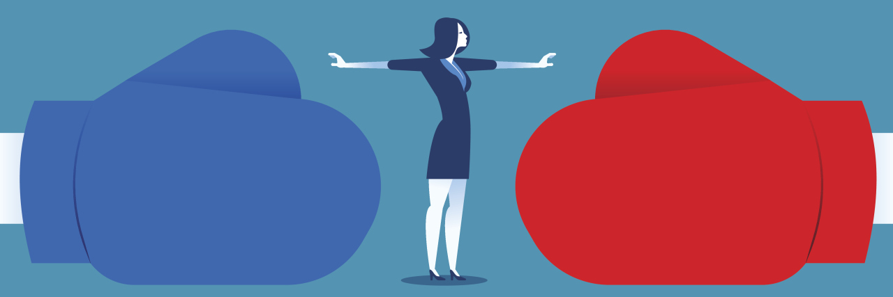 The Battle of Living With Both Depression and Anxiety graphic of a woman in a dress with her arms out stopping a fight between 2 boxing gloves to her left and right