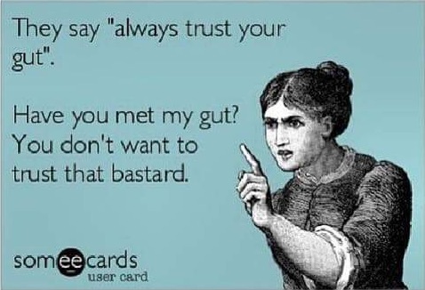 somecards meme that says they say always trust your gut. have you met my gut? you dont want to trust that bastard 