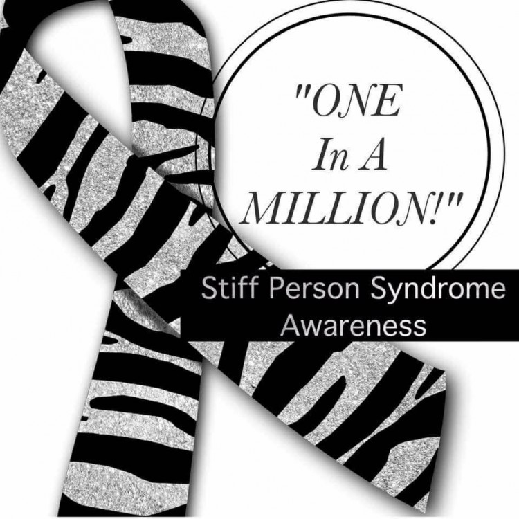 zebra print ribbon with text one in a million, stiff person syndrome awareness