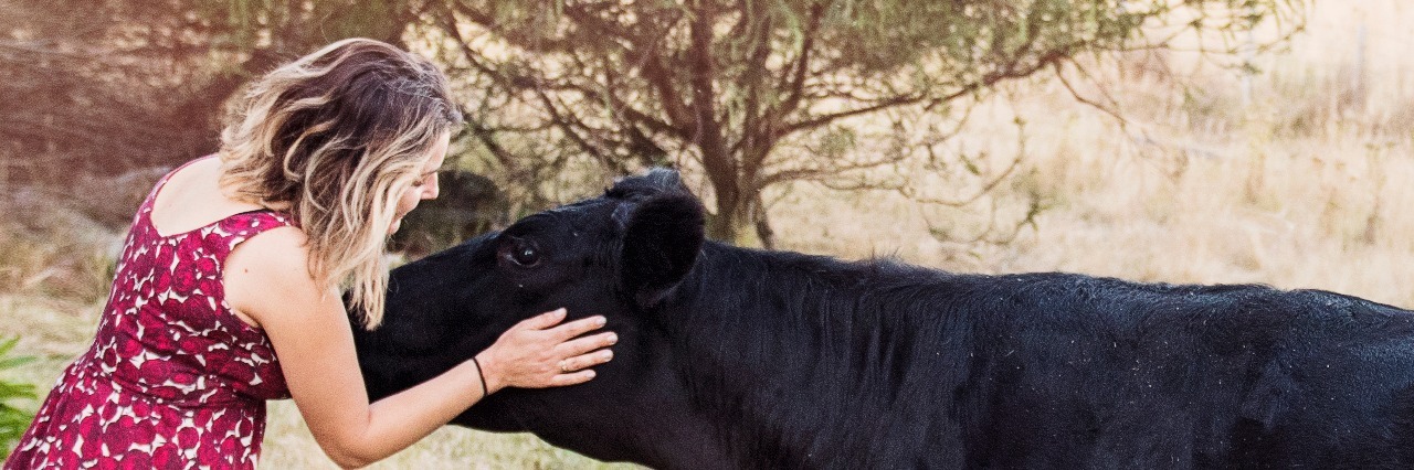 How My Animals Help Me Face My Mental Illness woman in dress petting a black cow