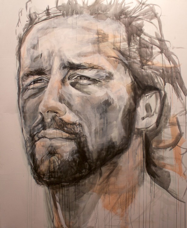 Drawing in ink of a man with long hair and a beard.