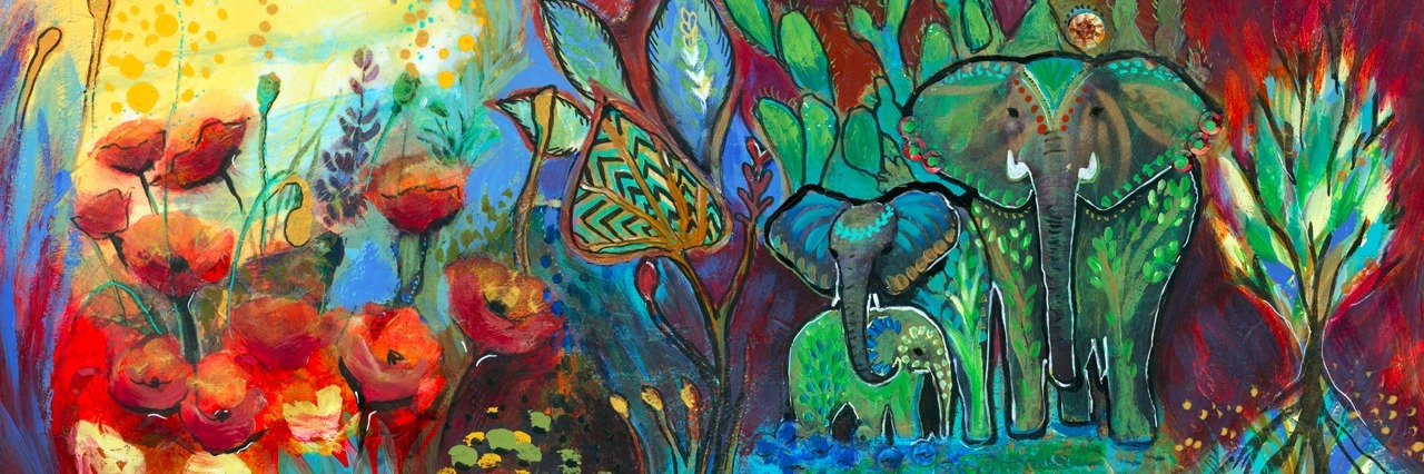 A colorful abstract painting of a sun, two elephants, and nature.
