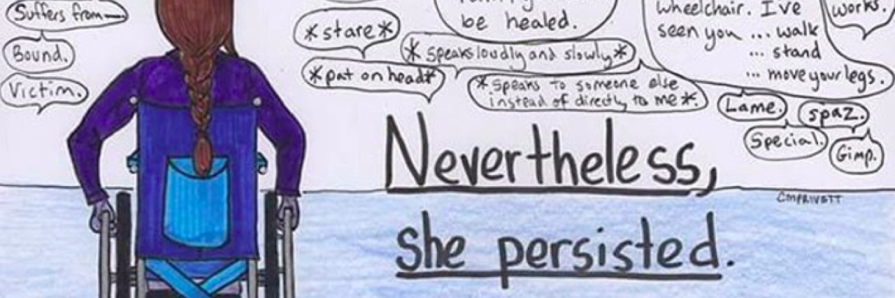 Courtney Privett Creates She Persisted Disability Illustrations Illustration of a woman in a wheelchair with the text "nevertheless. she persisted."