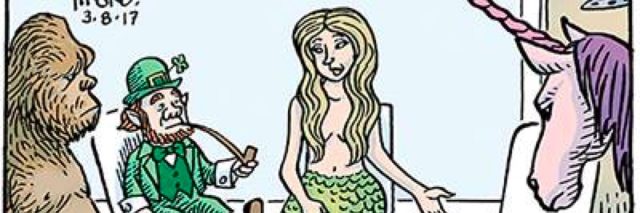 A cartoon showing a meeting of mythical creatures, shows a mermaid gesturing to a vial, stating, “I’d like to welcome our newest member to the group, the vaccine that causes autism.”