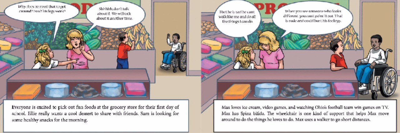 Cartoon of a woman and her daughter shopping the daughter points and asks why another child is in a wheelchair.