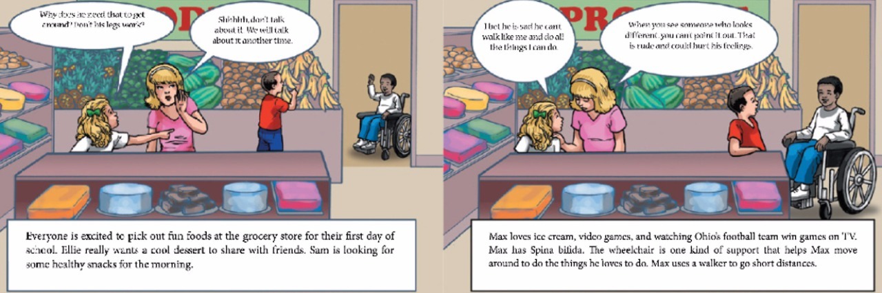 'The Courage to Be Kind' Teaches Kids About Disability and Inclusion Cartoon of a woman and her daughter shopping the daughter points and asks why another child is in a wheelchair.