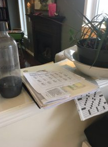 Counter in home topped with plant, papers, crossword puzzle, and SodaStream bottle