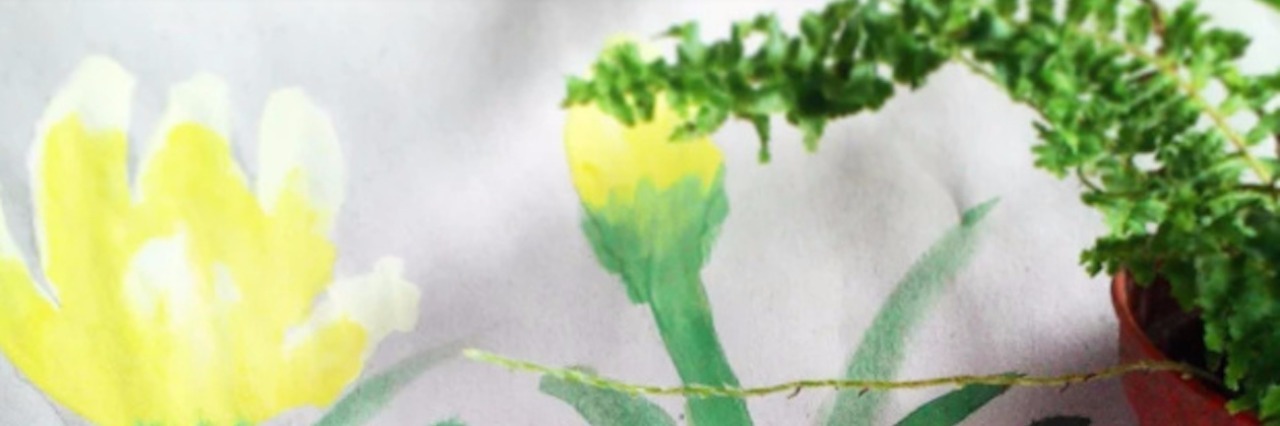 The Lie I Told Every Day: ‘I’m Fine, Good, Never Better’ Painting of yellow flowers next to a green plant in a pot