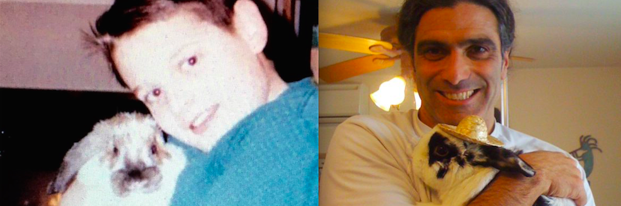 Two Gentle Souls That Were Lost to Suicide Two photos. On the left, a younger boy holds a bunny. On the right, a man holds a bunny.