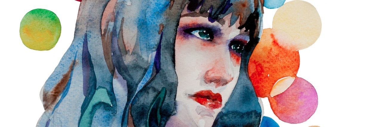 Challenging Negative Eating Disorder Thoughts Abstract watercolor portrait of young woman with a long hair with a rainbow colored circles on background isolsted