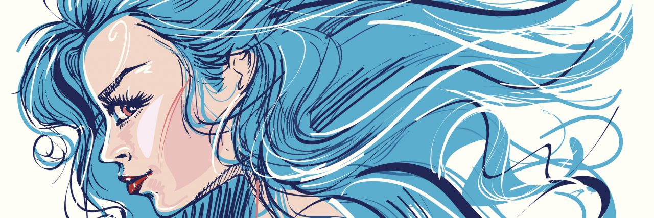 Depression Makes Me Feel Confrontational girl with blue hair, side of face