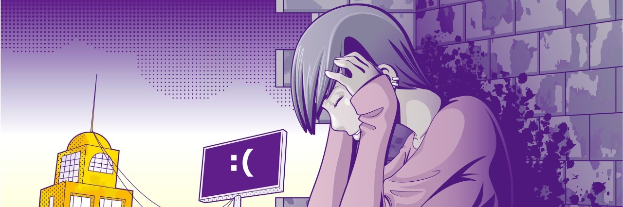 Telling My Family I Have Depression When They Think I Mean 'I'm Sad' Anime style girl in despair against the walls and the city.