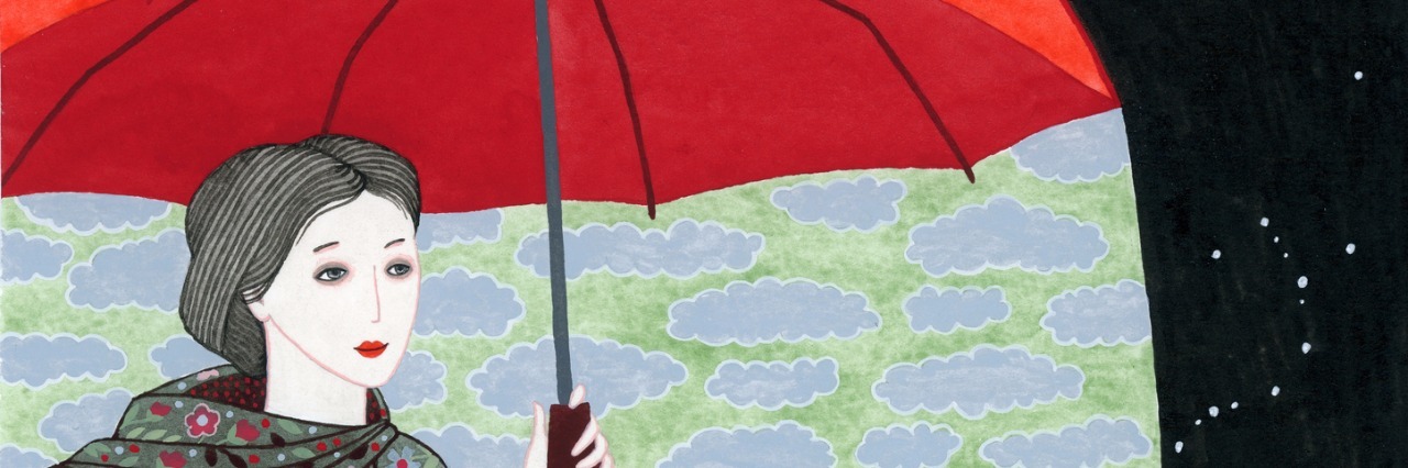 I created this illustration of a girl wearing floral raincoat holding red umbrella using watercolors on paper in 2013