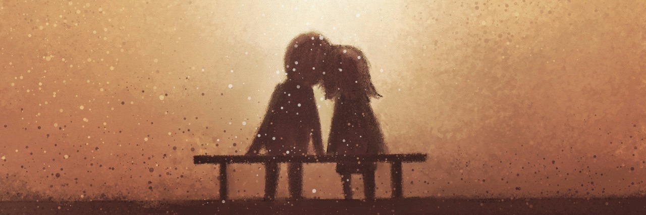 Why I Trust My Husband When My Crohn's Flares Up digital painting of love couple on bench watching heart shaped sunset, watercolor on paper texture