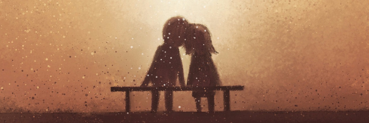 To My Partner Who Loves Me When I Am Fighting Bipolar Disorder digital painting of love couple on bench watching heart shaped sunset, watercolor on paper texture