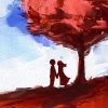 Illustration of couple holding hands in front of red tree, with blue sky in the background
