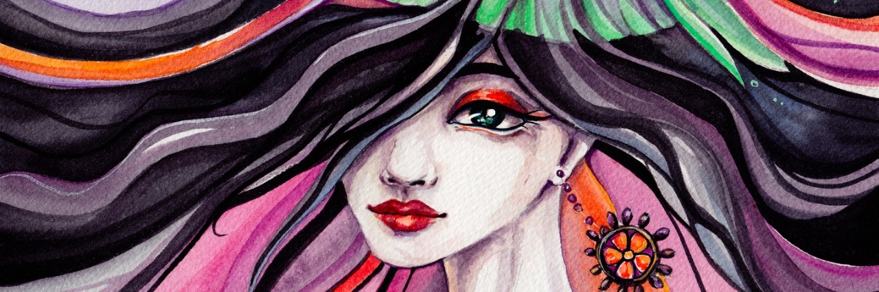 Inspirational Quotes Help My Mental Illness Recovery Woman drawing face with dark hair and abstract flowers. Concept of harmony with nature