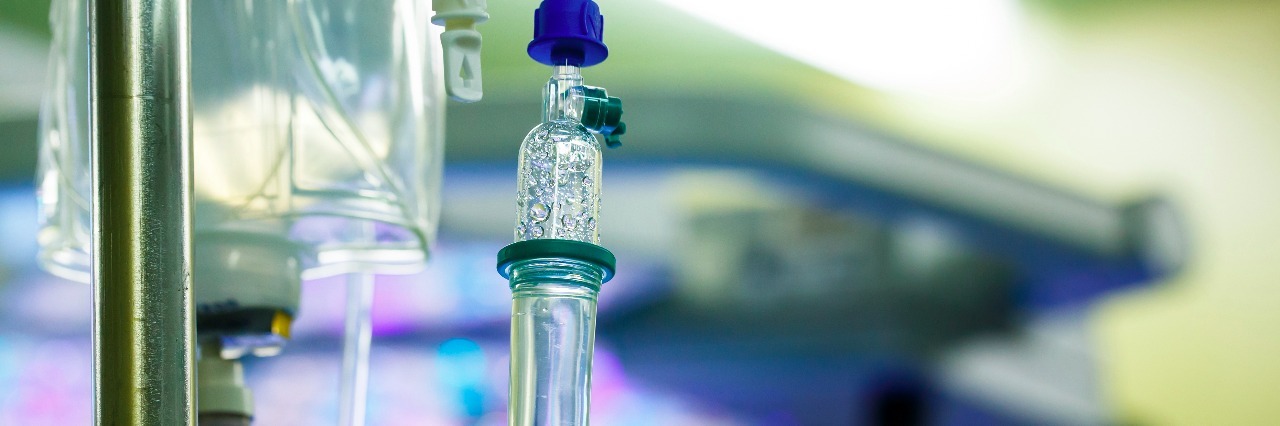 The First Day I Had Interferon-alpha-2b Chemotherapy IV drip hanging on a pole in hospital