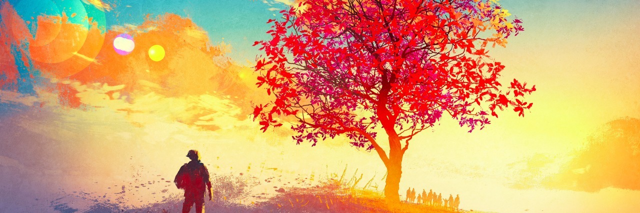 Ways to Fight Depression autumn landscape with alone tree on mountain,coming home concept,illustration painting
