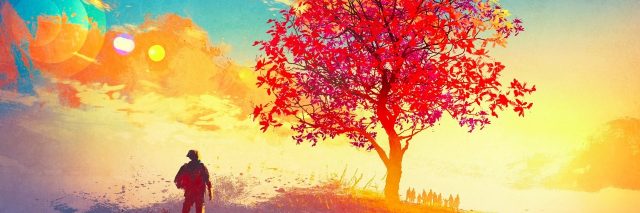 autumn landscape with alone tree on mountain,coming home concept,illustration painting