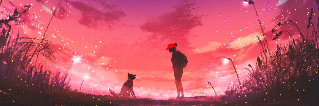 Being Told I Was Strong All My Life Masked My PTSD young woman with dog at beautiful night with huge moon above,illustration painting