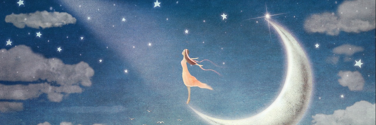 Achieving Goals With Ehlers-Danlos Syndrome illustration of girl standing on the moon and looking at the stars