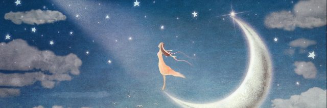illustration of girl standing on the moon and looking at the stars