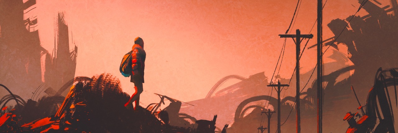 The Hardest Parts of Having a Chronic Disease woman hiker looking at abandoned city,illustration painting