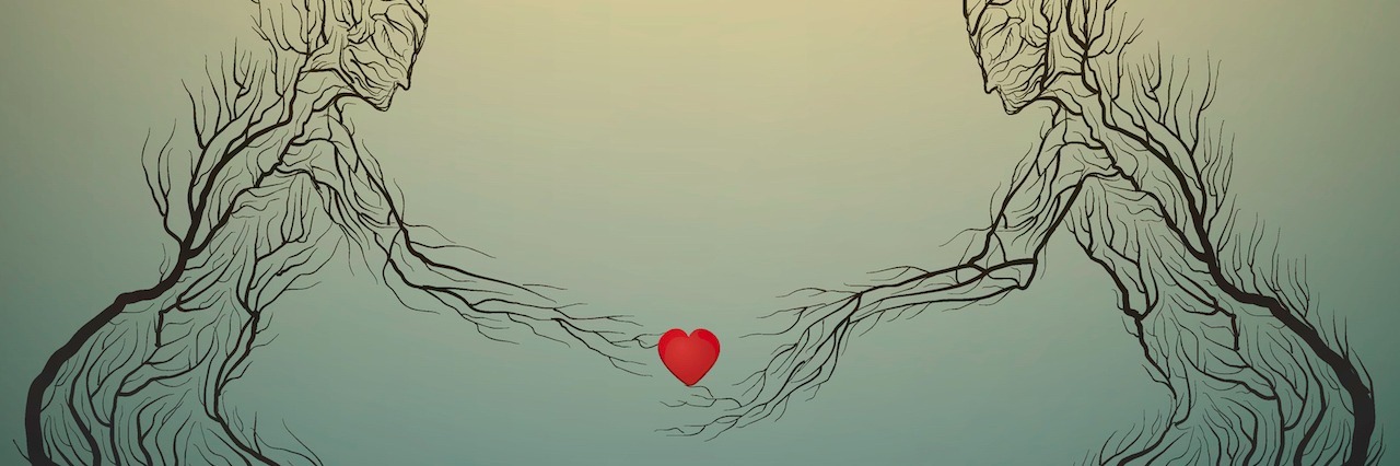 With Mental Illness, Don't Confuse 'Better' With Being Cured two tree silhouettes like a man and woman holding red heart and growing on the opposite rock,