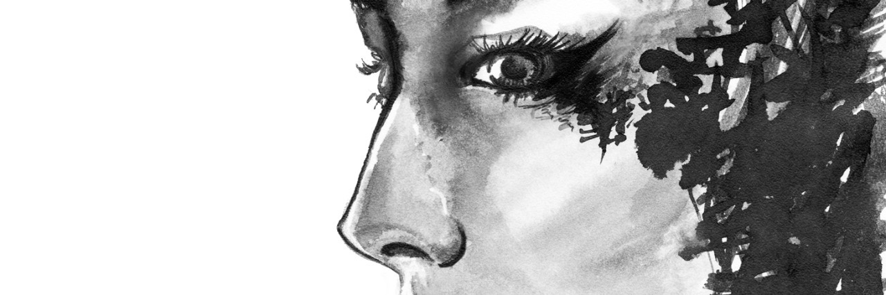 The Physical Effects of My Anxiety Character monochrome women with abstract black ink hair.