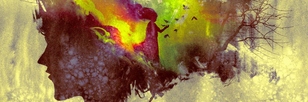 How I Feel When I Want to Self-Harm painting of double exposure concept with lady portrait silhouette and woman in forest