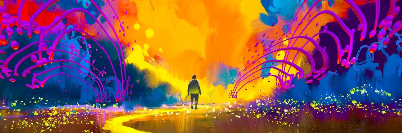 man walking to abstract colorful landscape,illustration painting