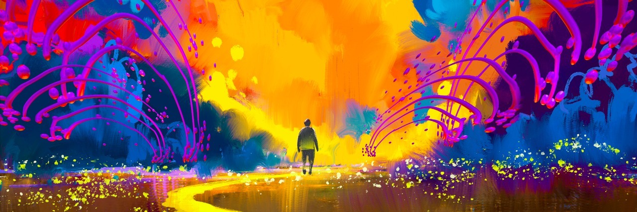 Best Eating Disorder Recovery Quotes for Hard Times man walking to abstract colorful landscape,illustration painting