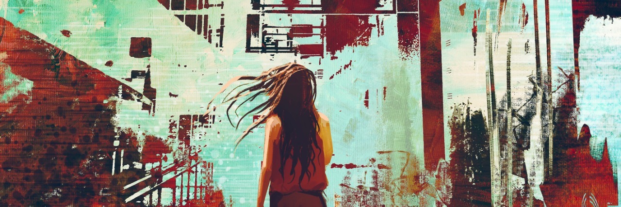 We Need to Clarify the Definition of Trauma woman standing against abstract achitecture with grunge texture,illustration art