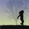 silhouette of child playing on grass near tree