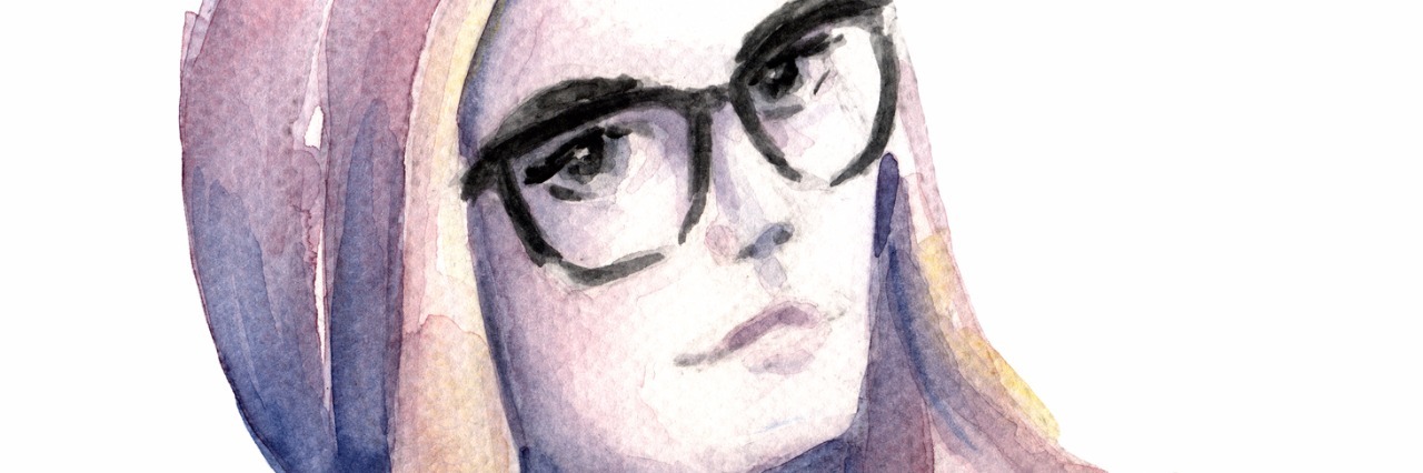 Water color of girl with beanie and glasses on.
