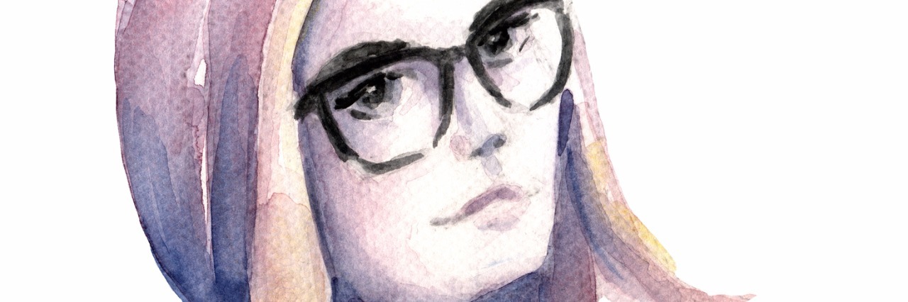 Colorful watercolor painting of the hipster girl with glasses