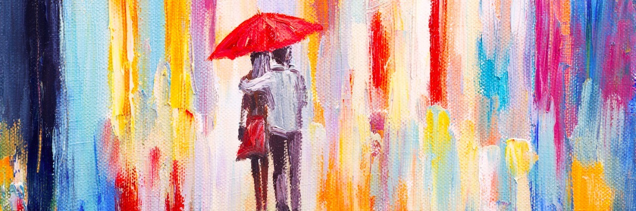 painting of couple walking under an umbrella