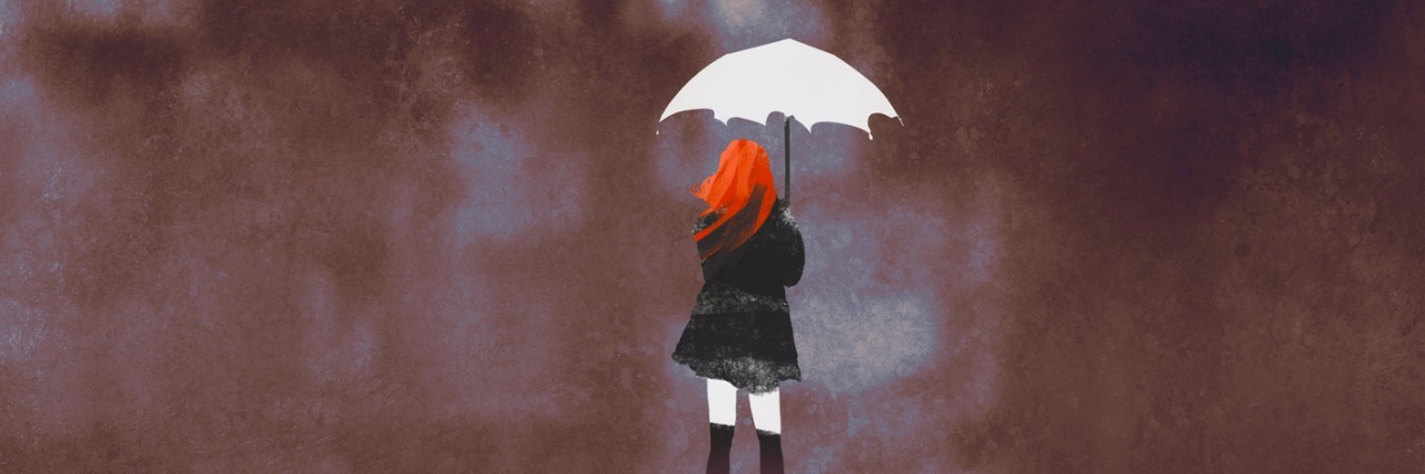 Maladaptive Daydreaming Didn't Let Me Escape My Depression Forever rear view of woman with white umbrella standing against ruined city,illustration painting
