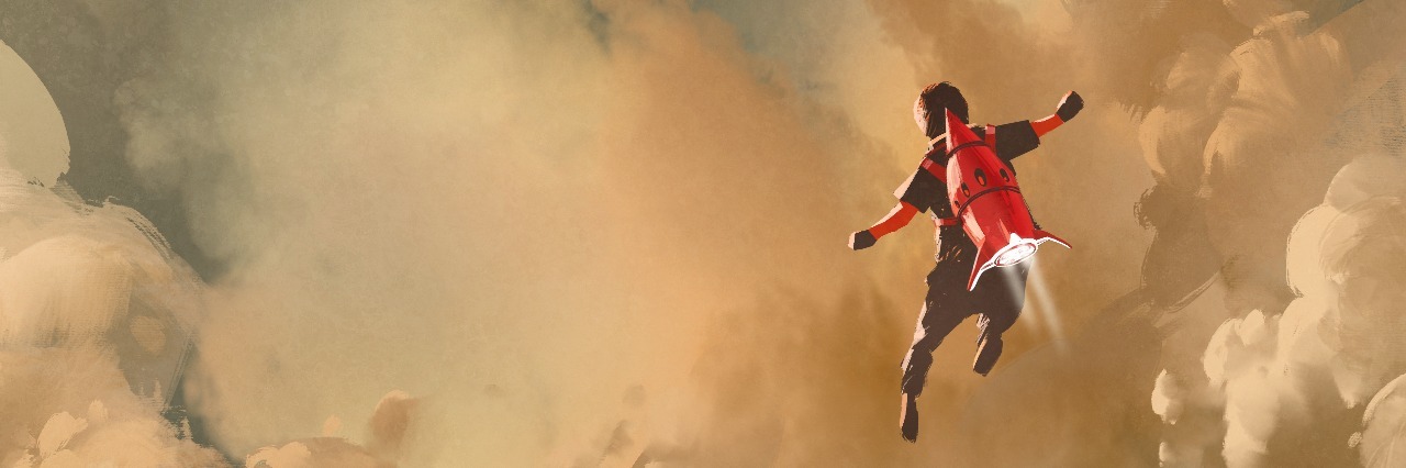 illustration of boy in cloudy sky with a red rocket jet pack
