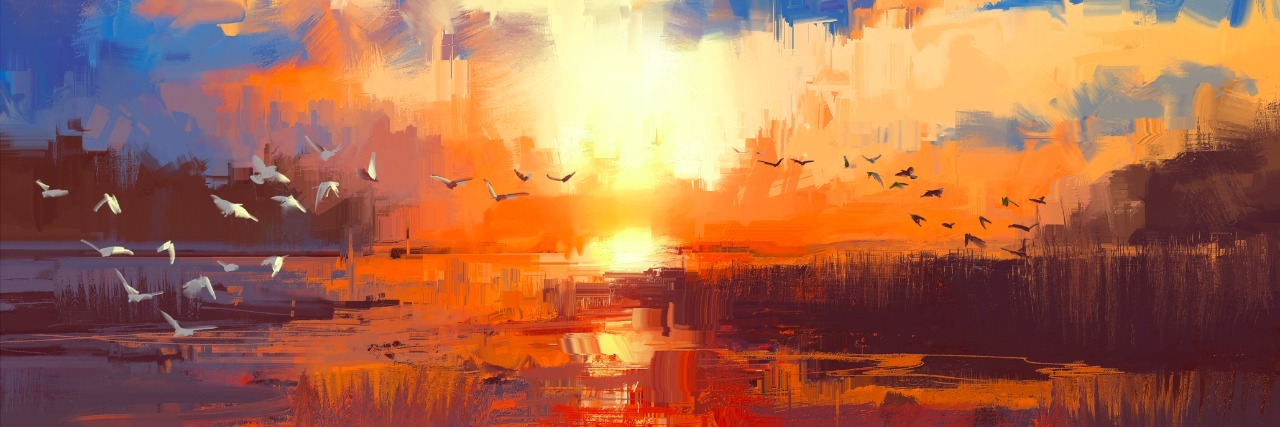 beautiful painting showing sunset on the lake,illustration